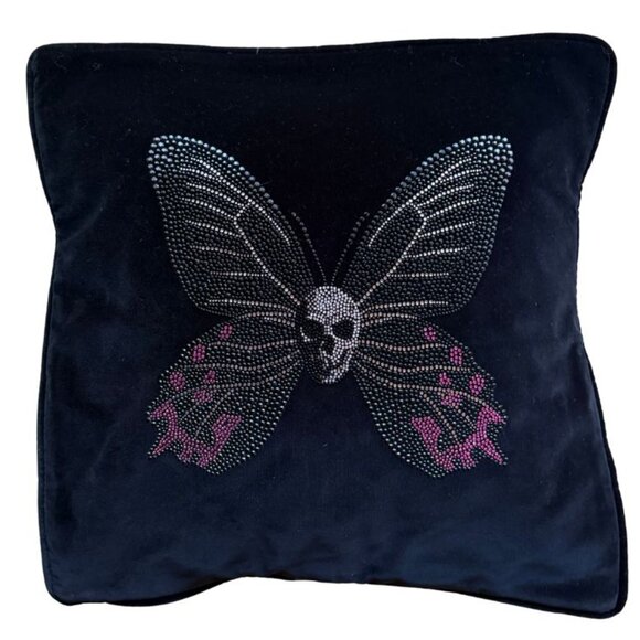 Black Velvet Swarovski Crystal Skull Butterfly Pillow Cover – 20x20 - Picture 1 of 3
